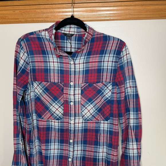 Joe's Jeans Red and Blue Button Down fringe bottom Shirt NWT xs - Picture 2 of 11